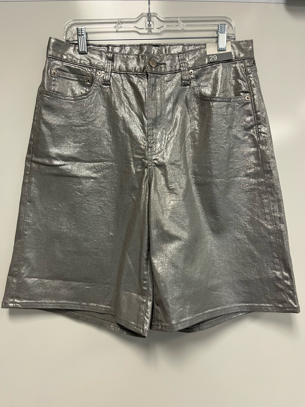 GAP Metallic Cotton Blend Silver Metallic Mid Rise Longline Shorts Sz. 29/8R NWT - Picture 2 of 10
